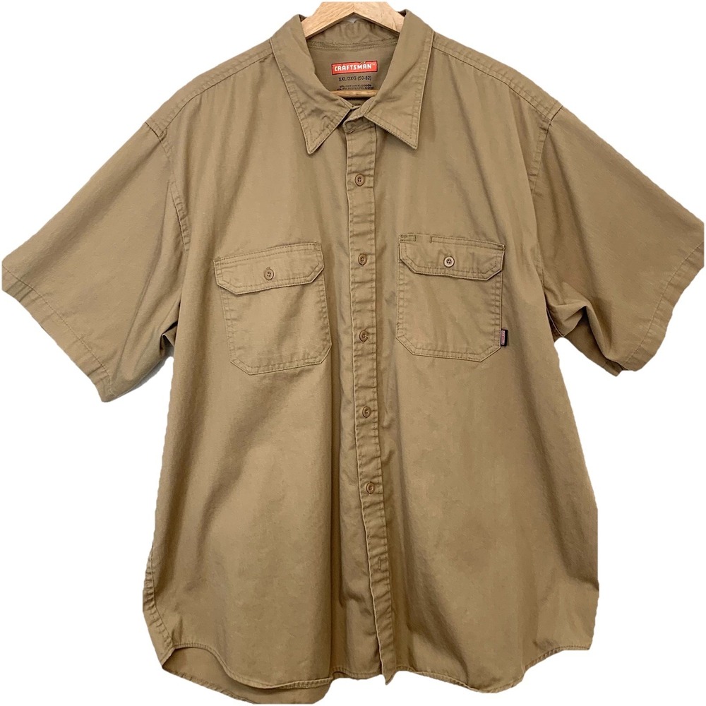 Craftsman Short Sleeve Button Down Shirt Men 2X  Khaki Work Pockets  Cotton Blnd